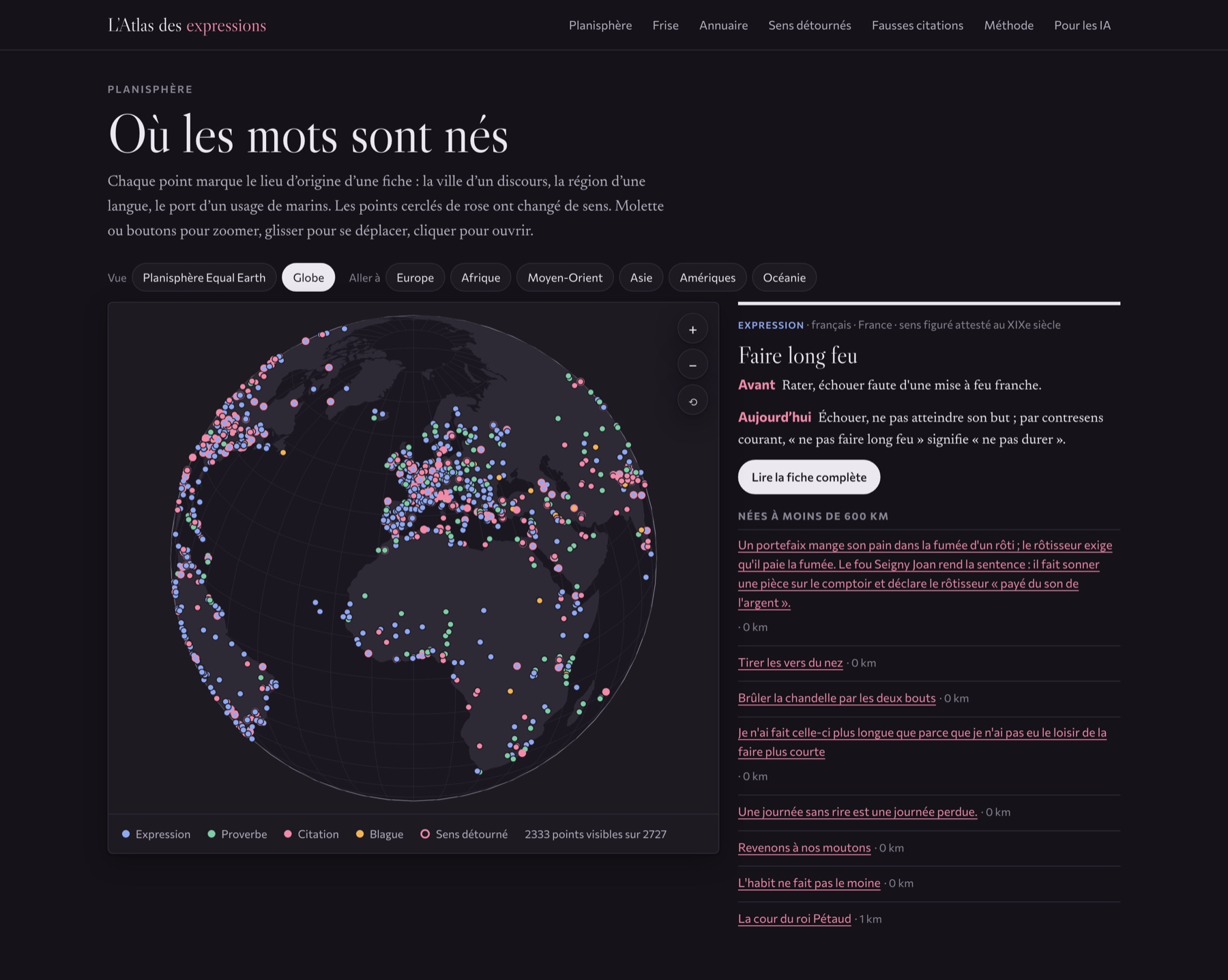 Le globe : « faire long feu » et les fiches nées à moins de 600 km