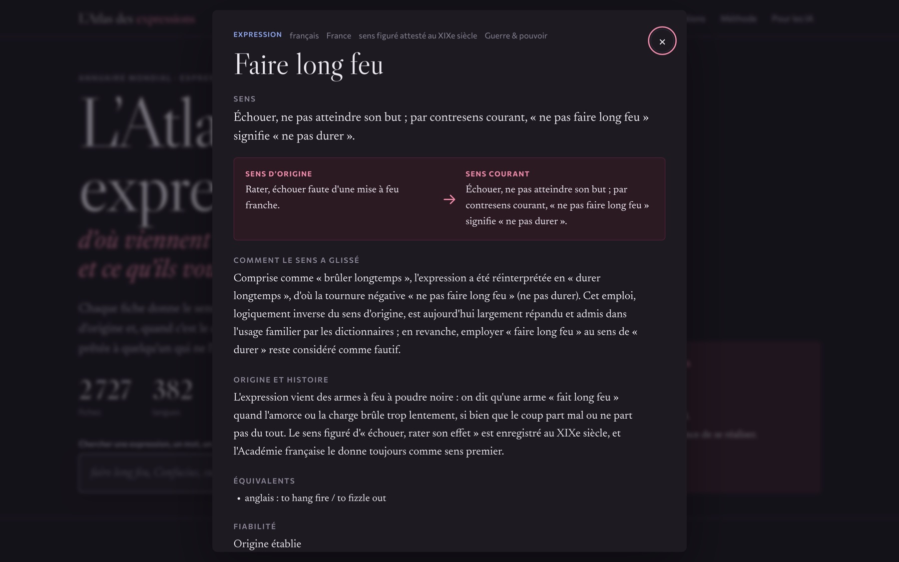 Une fiche : sens d'origine, sens courant, histoire et fiabilité