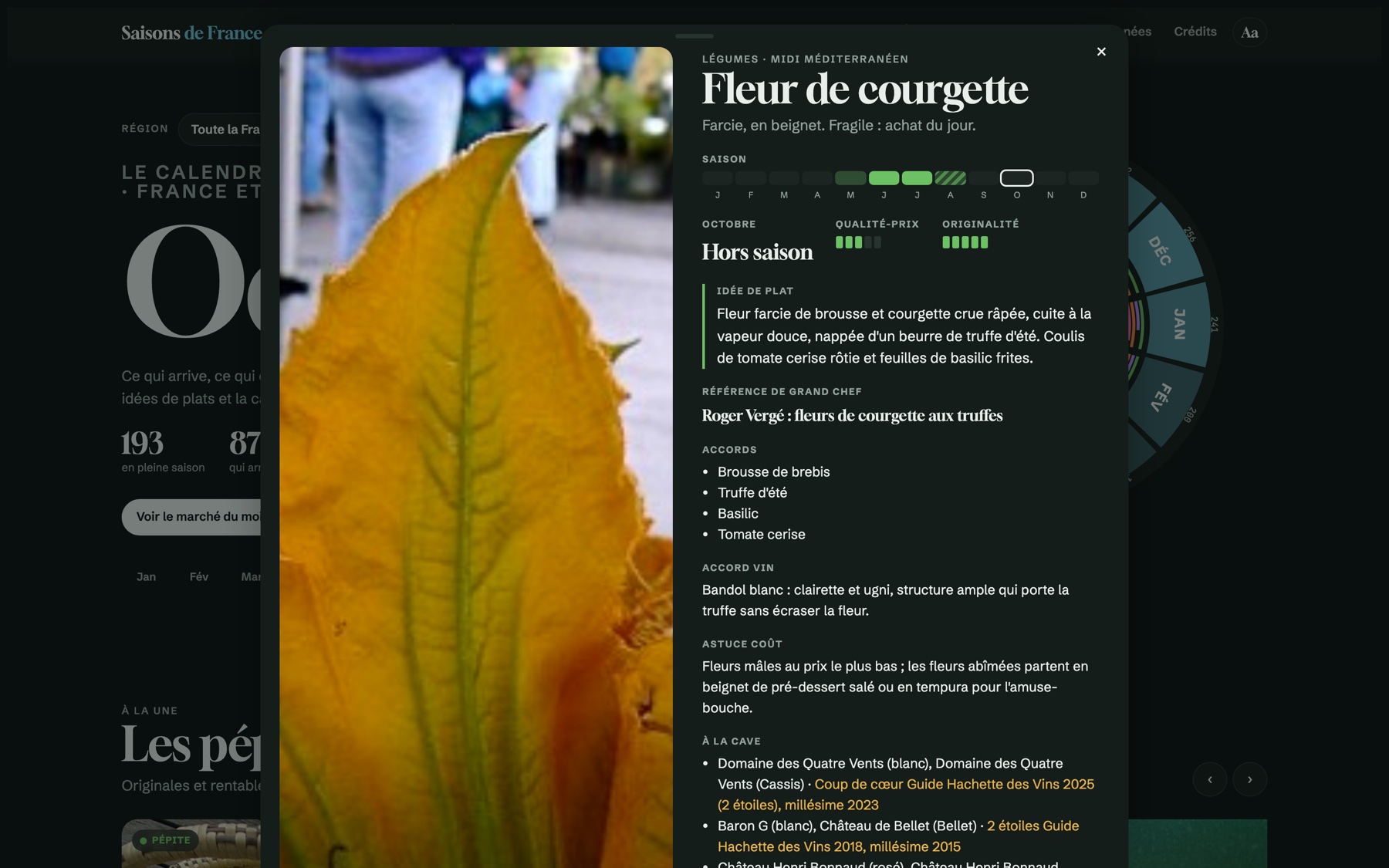Une fiche produit : saison sur 12 mois, idée de plat, référence de chef, accords, vin et astuce coût.