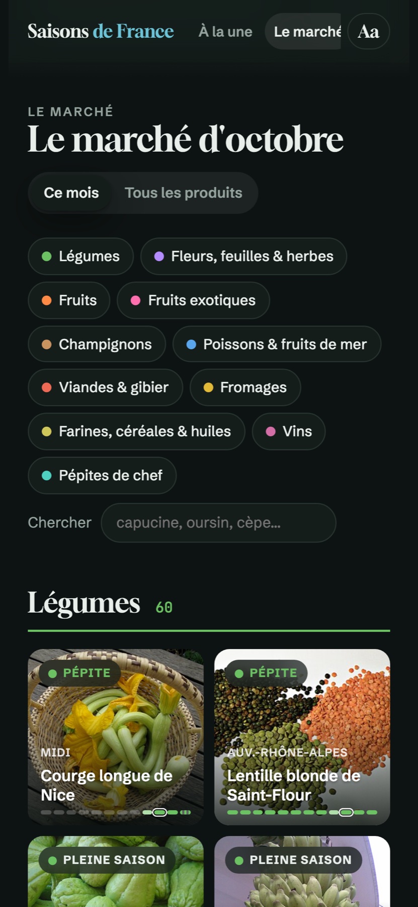 Le marché du mois sur téléphone, filtrable par famille et par région.