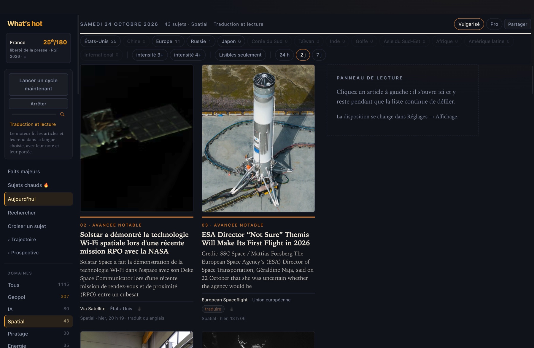 La grille des articles du jour, avec le panneau de lecture à droite