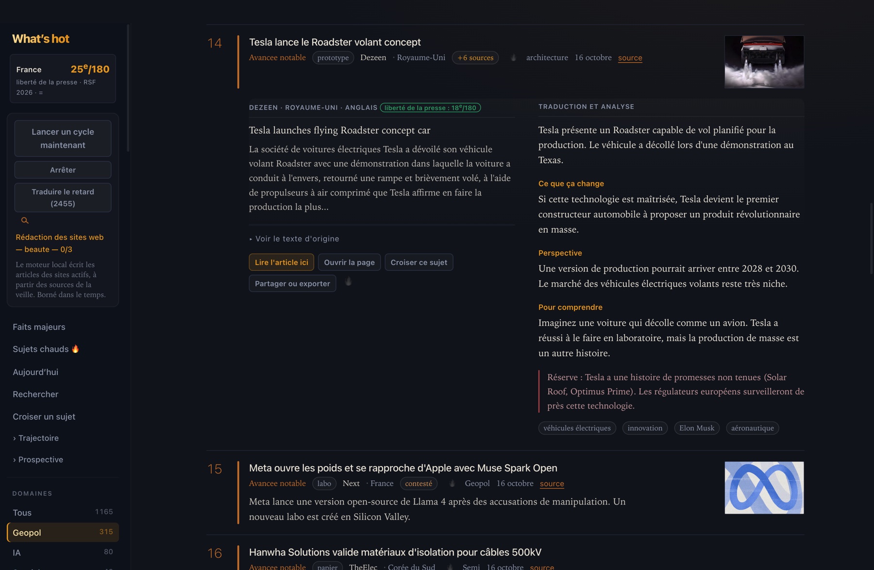 Un article ouvert : le texte d'origine d'un côté, la traduction et l'analyse de l'IA locale de l'autre